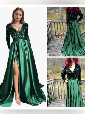 Green Long Sleeve Satin Sequin Maxi Gown Dress Size 20 Prom Mother of the Bride